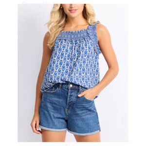 Women's Mason & Belle Blue White Patterned Ruffle Tank Top Size L